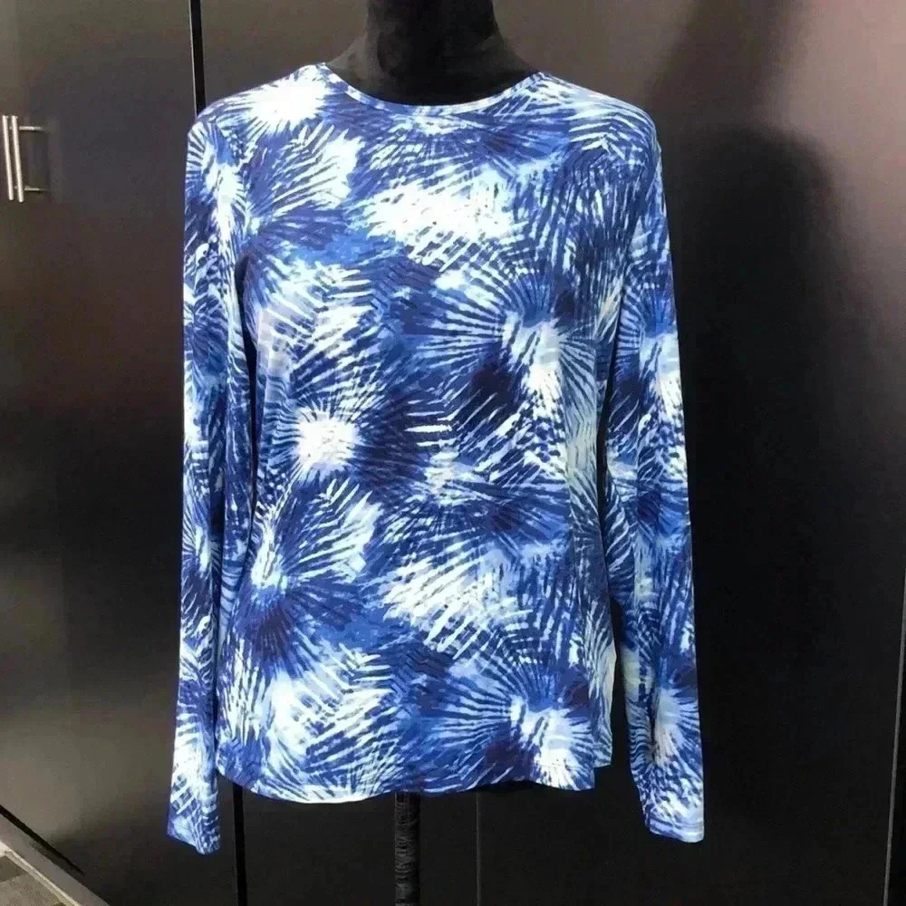 Lands’ End Rashguard,long sleeve,round neck, blue tie dye burst swim/beach top